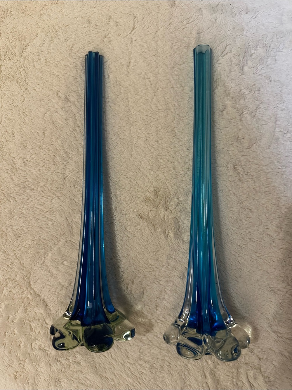 Vintage MCM Blue Swung Glass Bud Vases Pair Flower Petal Base 12” Art Glass